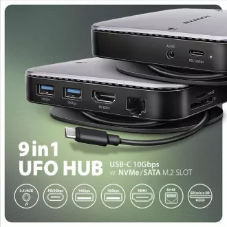 AXAGON HMC-UFO, vozlišče USB 10 Gb/s, 2x USB-A, USB-C, HDMI 4k/60, RJ-45, reža M.2, SD/mSD, zvok, PD 100 W, kabel USB-C 65 cm