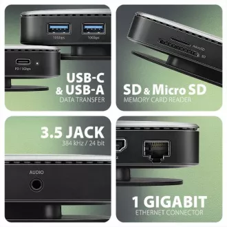 AXAGON HMC-UFO, vozlišče USB 10 Gb/s, 2x USB-A, USB-C, HDMI 4k/60, RJ-45, reža M.2, SD/mSD, zvok, PD 100 W, kabel USB-C 65 cm