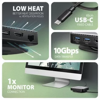 AXAGON HMC-UFO, vozlišče USB 10 Gb/s, 2x USB-A, USB-C, HDMI 4k/60, RJ-45, reža M.2, SD/mSD, zvok, PD 100 W, kabel USB-C 65 cm