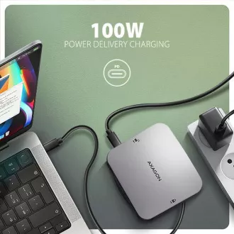 AXAGON HMC-UFO, vozlišče USB 10 Gb/s, 2x USB-A, USB-C, HDMI 4k/60, RJ-45, reža M.2, SD/mSD, zvok, PD 100 W, kabel USB-C 65 cm