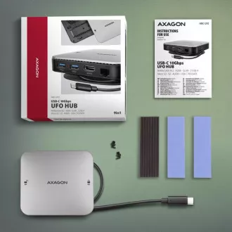 AXAGON HMC-UFO, vozlišče USB 10 Gb/s, 2x USB-A, USB-C, HDMI 4k/60, RJ-45, reža M.2, SD/mSD, zvok, PD 100 W, kabel USB-C 65 cm