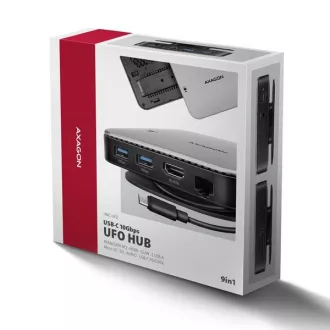 AXAGON HMC-UFO, vozlišče USB 10 Gb/s, 2x USB-A, USB-C, HDMI 4k/60, RJ-45, reža M.2, SD/mSD, zvok, PD 100 W, kabel USB-C 65 cm