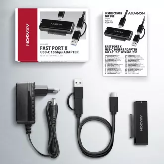 AXAGON ADSA-FPX, adapter USB-C 10Gbps - SATA 6G, 2,5"/3,5" SSD/HDD FAST PORT X, vključno z napajalnik za izmenični tok