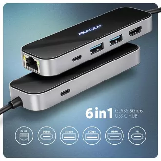 AXAGON HMC-6GLN, vozlišče USB 5Gb/s, 2x USB-A, USB-C, HDMI 4k/60Hz, RJ-45 GLAN, PD 100W, kabel USB-C 20cm