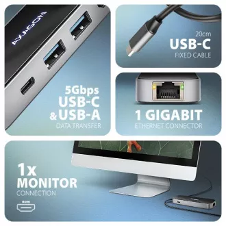 AXAGON HMC-6GLN, vozlišče USB 5Gb/s, 2x USB-A, USB-C, HDMI 4k/60Hz, RJ-45 GLAN, PD 100W, kabel USB-C 20cm