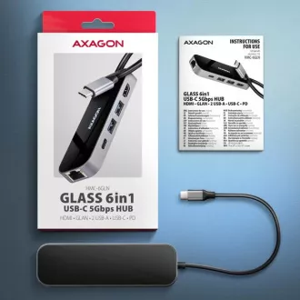 AXAGON HMC-6GLN, vozlišče USB 5Gb/s, 2x USB-A, USB-C, HDMI 4k/60Hz, RJ-45 GLAN, PD 100W, kabel USB-C 20cm