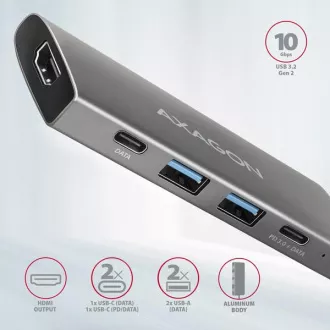 AXAGON HMC-5G21, vozlišče USB 10 Gb/s, 2x USB-A, 2x USB-C, HDMI 4k/30, PD 60 W, kabel USB-C 13 cm