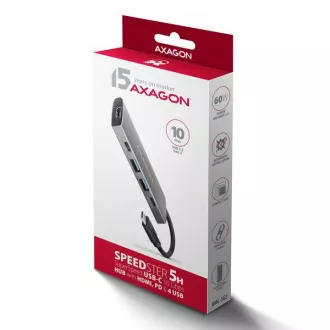 AXAGON HMC-5G21, vozlišče USB 10 Gb/s, 2x USB-A, 2x USB-C, HDMI 4k/30, PD 60 W, kabel USB-C 13 cm