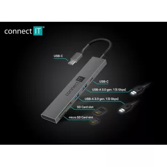 CONNECT IT USB-C vozlišče, 2x USB-A, 1x USB-C, 1x kartica SD, 1x kartica MicroSD, siva