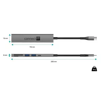 CONNECT IT USB-C vozlišče, 2x USB-A, 1x USB-C, 1x kartica SD, 1x kartica MicroSD, siva