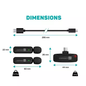 CONNECT IT Mikrofon ClipMic, 2x brezžični lavalier mikrofon s sprejemnikom, priključek USB-C, črn