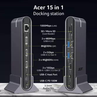 ACER 15in1 USB Type-C Universal Mini-dock: Gostiteljski vmesnik: USB-C, 2x USB-A 2.0, 1x USB-A 3.2 Gen2, 1x USB-A 3.2 Gen1, 1