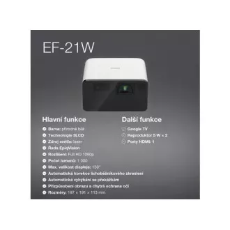 EPSON projektor EF-21W, Full HD, laserski, 5.000.000:1, USB 2.0, HDMI, Miracast, 3,5 mm priključek, 5W zvočnik