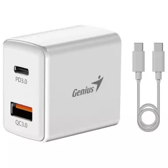 GENIUS Polnilni set PD-20ACP, 20 W, hitro polnjenje, USB-C PD3.0, USB-A QC3.0, 1 m kabla USB-C USB-C, bel