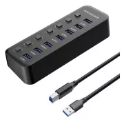 PREMIUMCORD Vozlišče USB 3.2, 7-vratno, s stikali za vrata, 5G SuperSpeed, črno