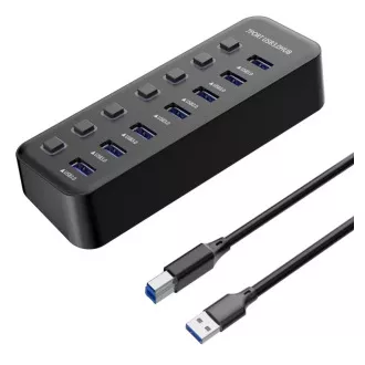 PREMIUMCORD Vozlišče USB 3.2, 7-vratno, s stikali za vrata, 5G SuperSpeed, črno