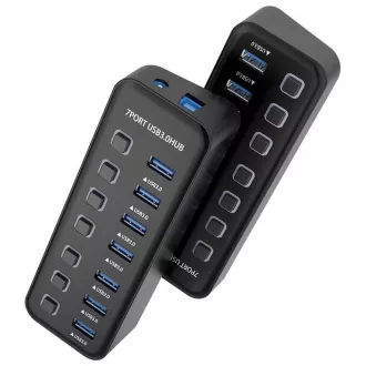 PREMIUMCORD Vozlišče USB 3.2, 7-vratno, s stikali za vrata, 5G SuperSpeed, črno