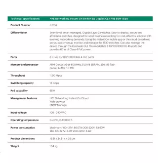 HPE Networking Instant On Switch 8p Gigabit CL4 PoE 65W (brez ventilatorja) 1830 (JL811A)