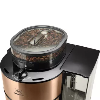 Melitta AromaFresh 1021-04 aparat za kavo z mlinčkom, pladnjem za kapljanje, stekleno posodo, 1180 W, zaslon, baker