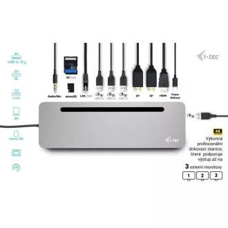 i-tec USB-C kovinska ergonomska 4K 3x zaslonska priklopna postaja, PD 100W