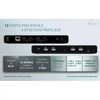 i-tec univerzalna priklopna postaja z dvojnim zaslonom 4K, Power Delivery 85 W   i-tec polnilec USB-C 100 W