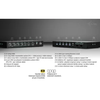 i-tec USB-C KVM priklopna postaja za 3 gostitelje, dvojni zaslon, Power Delivery 1x 92W/2x 65W