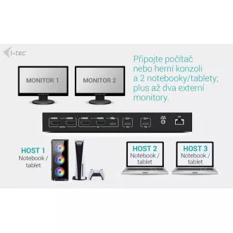 i-tec USB-C KVM priklopna postaja za 3 gostitelje, dvojni zaslon, Power Delivery 1x 92W/2x 65W