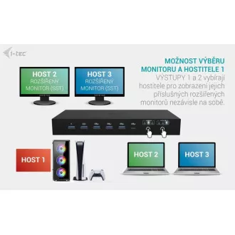 i-tec USB-C KVM priklopna postaja za 3 gostitelje, dvojni zaslon, Power Delivery 1x 92W/2x 65W