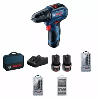 BOSCH GSR 12V-30, akumulatorski vrtalni vijačnik, 0 - 420 / 0 - 1.600 vrt/min, 8 mm, komplet svedrov in svedrov, torba