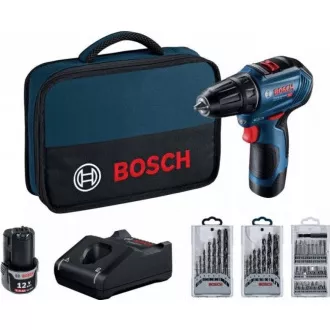 BOSCH GSR 12V-30, akumulatorski vrtalni vijačnik, 0 - 420 / 0 - 1.600 vrt/min, 8 mm, komplet svedrov in svedrov, torba
