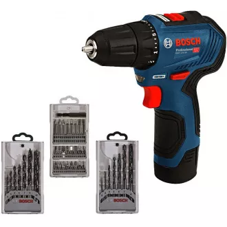 BOSCH GSR 12V-30, akumulatorski vrtalni vijačnik, 0 - 420 / 0 - 1.600 vrt/min, 8 mm, komplet svedrov in svedrov, torba