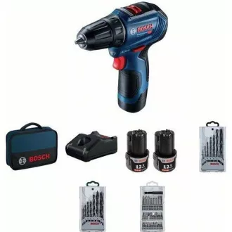BOSCH GSR 12V-30, akumulatorski vrtalni vijačnik, 0 - 420 / 0 - 1.600 vrt/min, 8 mm, komplet svedrov in svedrov, torba