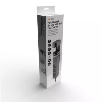 Solight 3z   USB A C prenosna namizna vtičnica, 2 m, črna, hitri polnilec USB 20W PD