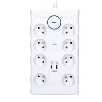 Solight prenapetostna zaščita, 8z, USB A C, 2m, bela
