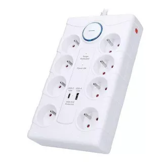 Solight prenapetostna zaščita, 8z, USB A C, 2m, bela