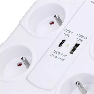 Solight prenapetostna zaščita, 8z, USB A C, 2m, bela