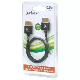 MANHATTAN Ultra tanek hitri kabel HDMI z ethernetom, HEC, ARC, 3D, 4K, HDMI Male to Male, zaščiten, črn, 0, 5 m