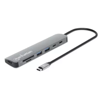 MANHATTAN USB-C 7in1 priklopna postaja, 1xHDMI, 2xUSB-C, 2xUSB, bralnik kartic SD, siva
