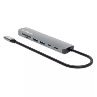 MANHATTAN USB-C 7in1 priklopna postaja, 1xHDMI, 2xUSB-C, 2xUSB, bralnik kartic SD, siva