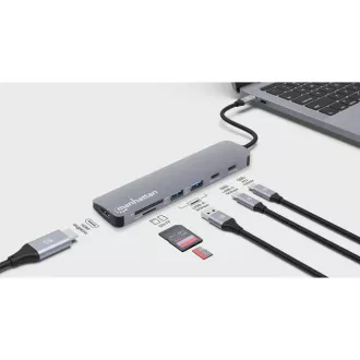 MANHATTAN USB-C 7in1 priklopna postaja, 1xHDMI, 2xUSB-C, 2xUSB, bralnik kartic SD, siva