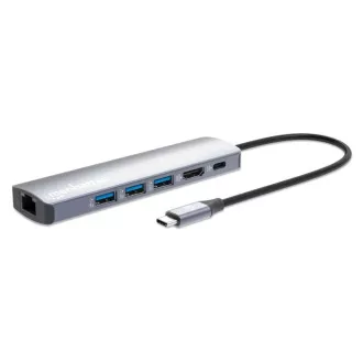 MANHATTAN Priključna postaja USB-C 6in1, 1xHDMI, 1xUSB-C, 3xUSB, 1xRJ45, siva