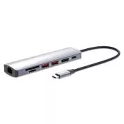MANHATTAN USB-C 7in1 priklopna postaja, 1xHDMI, 1xUSB-C, 2xUSB, 1xRJ45, bralnik kartic SD, siva