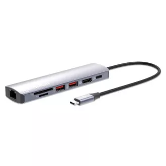 MANHATTAN USB-C 7in1 priklopna postaja, 1xHDMI, 1xUSB-C, 2xUSB, 1xRJ45, bralnik kartic SD, siva