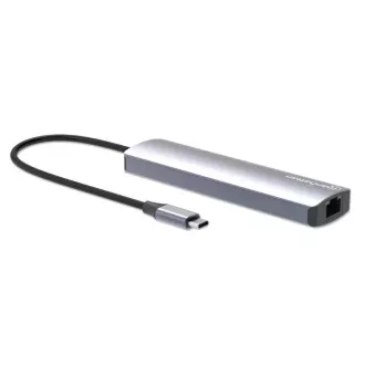 MANHATTAN USB-C 7in1 priklopna postaja, 1xHDMI, 1xUSB-C, 2xUSB, 1xRJ45, bralnik kartic SD, siva