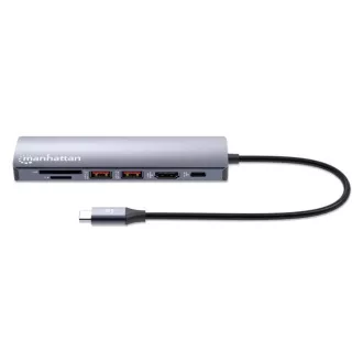 MANHATTAN USB-C 7in1 priklopna postaja, 1xHDMI, 1xUSB-C, 2xUSB, 1xRJ45, bralnik kartic SD, siva