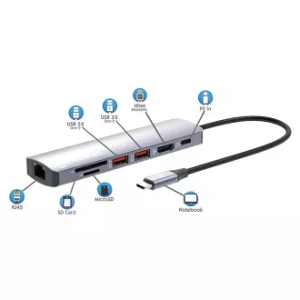 MANHATTAN USB-C 7in1 priklopna postaja, 1xHDMI, 1xUSB-C, 2xUSB, 1xRJ45, bralnik kartic SD, siva