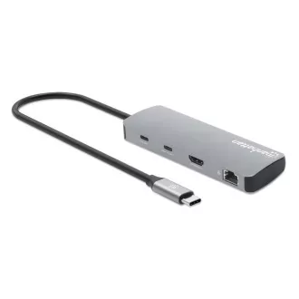 MANHATTAN Priključna postaja USB-C 9v1, 1xHDMI, 2xUSB-C, 3xUSB, 1xRJ45, bralnik kartic SD, siva
