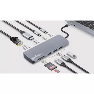 MANHATTAN Priključna postaja USB-C 9v1, 1xHDMI, 2xUSB-C, 3xUSB, 1xRJ45, bralnik kartic SD, siva