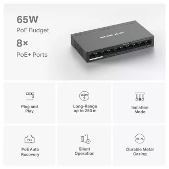 MERCUSYS stikalo MS110P (10x100Mb/s, 8xPoE , 65W, brez ventilatorja)