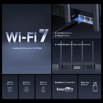 Usmerjevalnik MERCUSYS MR27BE EasyMesh WiFi7 (BE3600, 2, 4GHz/5GHz, 1x2, 5GbEWAN, 1x2, 5GbELAN, 2xGbE)